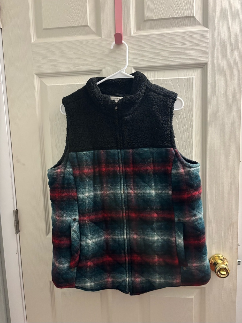 Maurices Black Sherpa & Green and Red Plaid  Vest